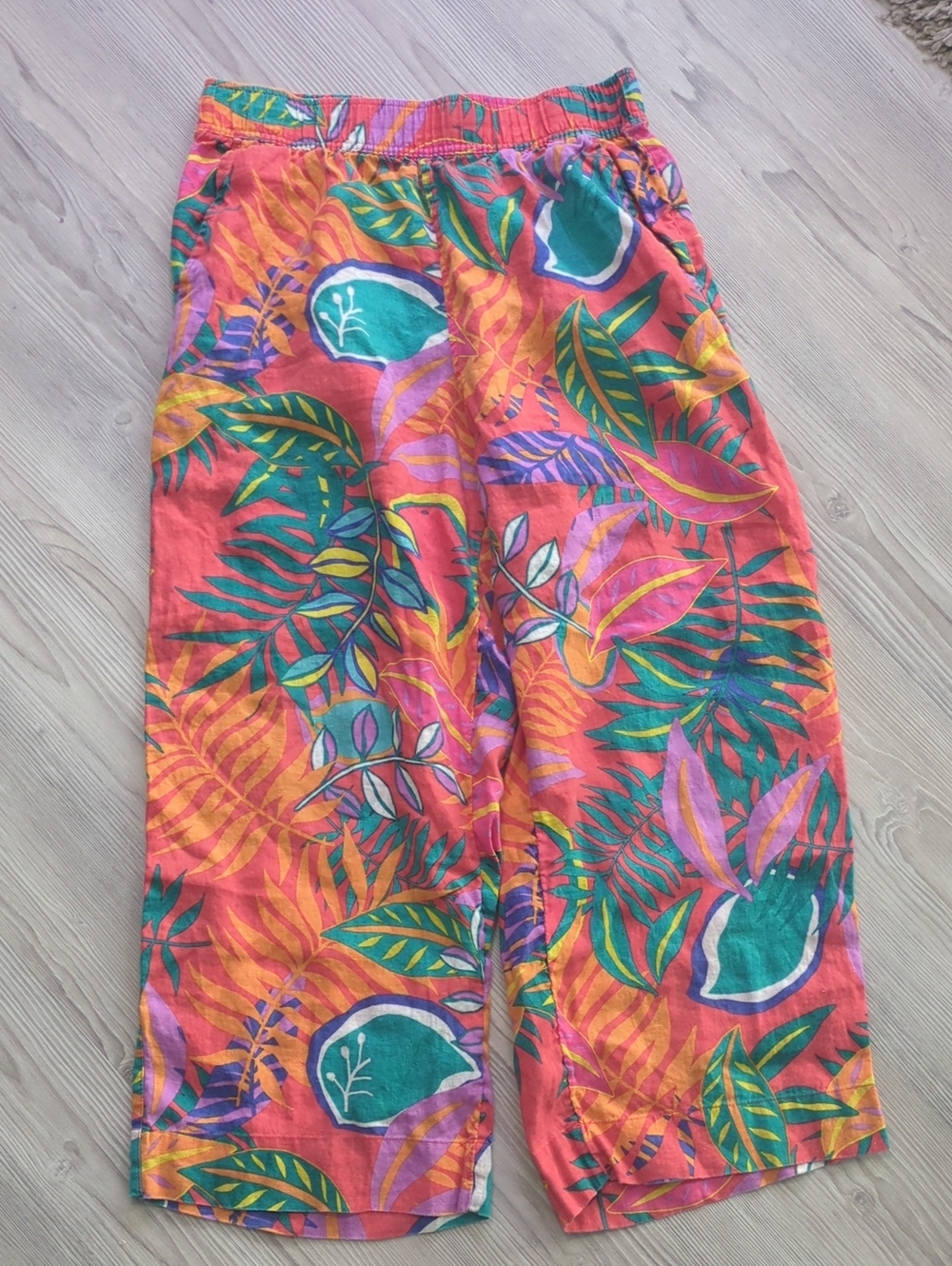 C&C California Tropical Linen Wide Leg Pants Coral Print Women's M